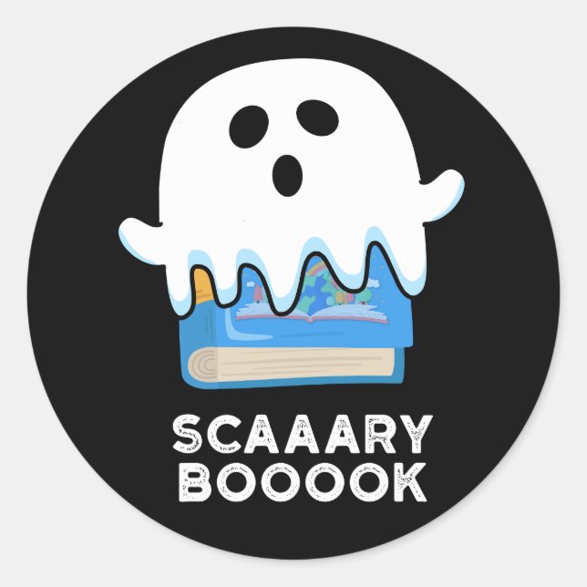 Sticker Rond Livre d'exposition Funny Ghost Book Pun Dark BG (Devant)