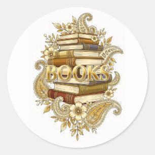 Sticker Rond Livres Lecteurs Écrivains Bibliophiles Ton Doré Ar