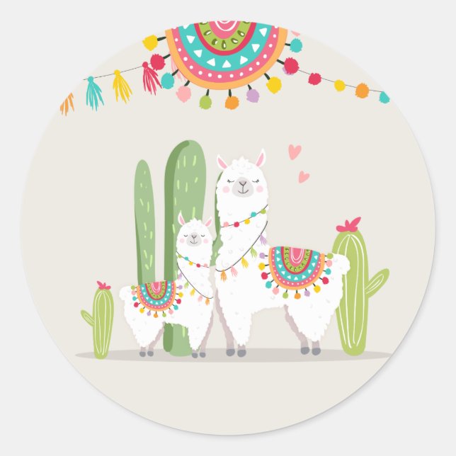 Sticker Rond Llama Baby shower Alpaca Fiesta Mexicaine Cactus (Devant)