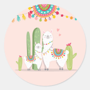 Sticker Rond Llama Baby shower Alpaca Fiesta Mexicaine Cactus