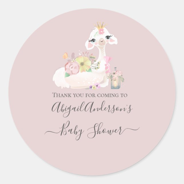 Sticker Rond Llama bébé avec Fleurs blanches et roses Adorable (Devant)