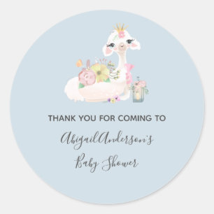 Sticker Rond Llama Bleu et Blanc Baby Shower pour Garçon