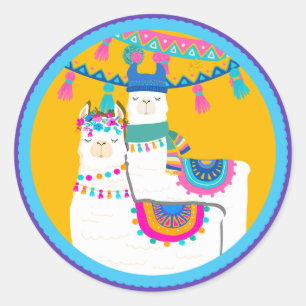 Sticker Rond Llama bleu violet jaune coloré fête d'anniversaire
