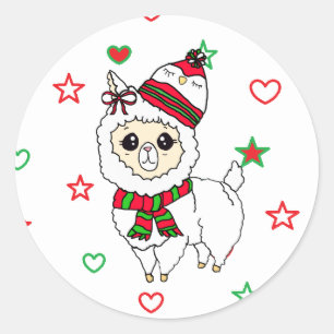 Sticker Rond Llama de Noël avec de belles vacances Casquettes 