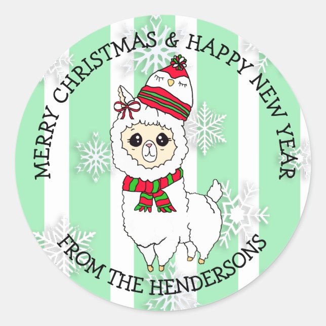 Sticker Rond Llama de Noël avec vacances Casquette d'hiver (Devant)
