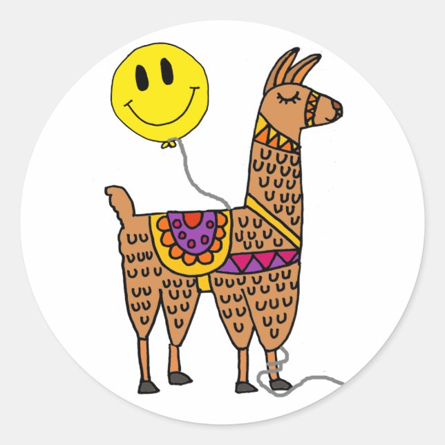 Sticker Rond Llama drôle avec un smiley visage ballon dessin (Devant)