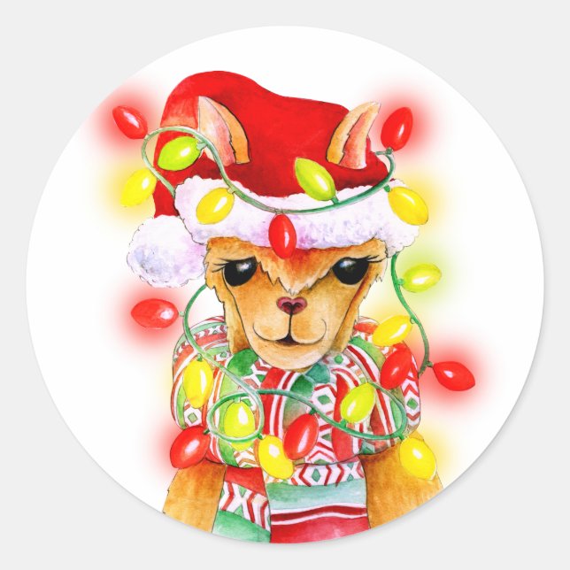 Sticker Rond Llama fantaisie vacances de Noël aquarelle art (Devant)
