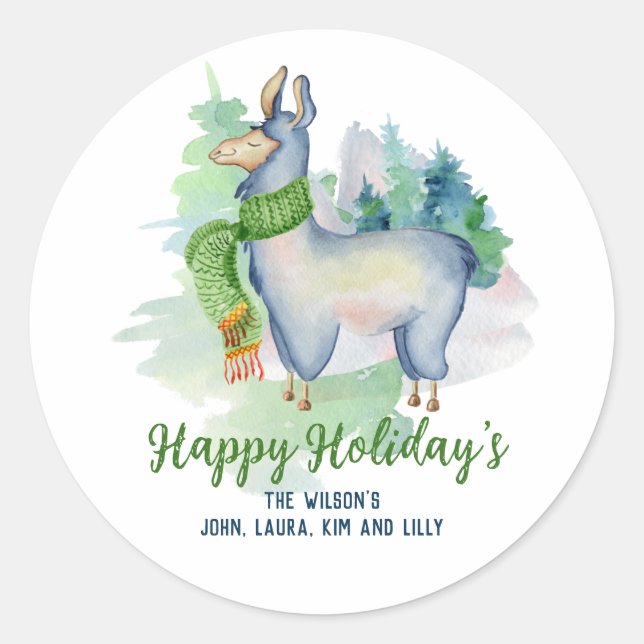 Sticker Rond Llama Wreath Aquarelle Joyeuses Vacances Personnal (Devant)