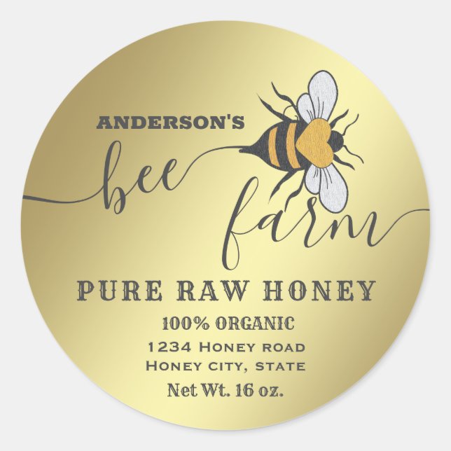 Sticker Rond Logo d'abeille or script bee ferme miel pot (Devant)