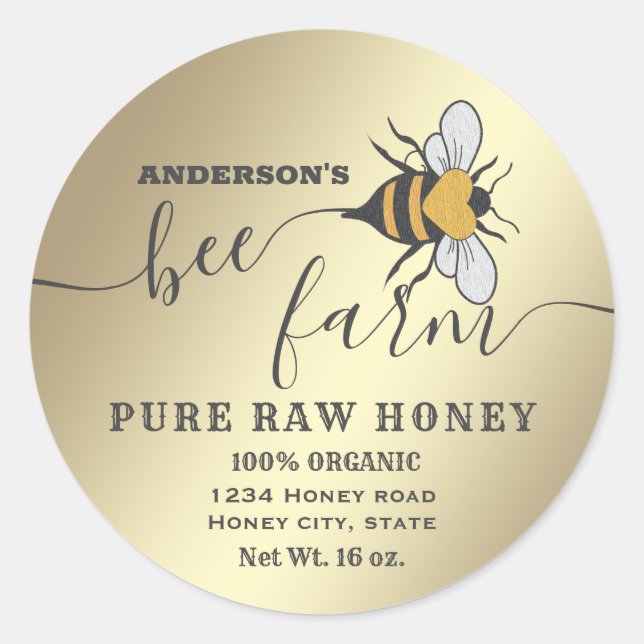 Sticker Rond Logo d'abeille or script bee ferme miel pot (Devant)