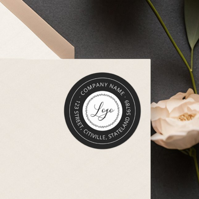 Sticker Rond Logo d'affaires noir et blanc Adresse de retour (Créateur téléchargé)