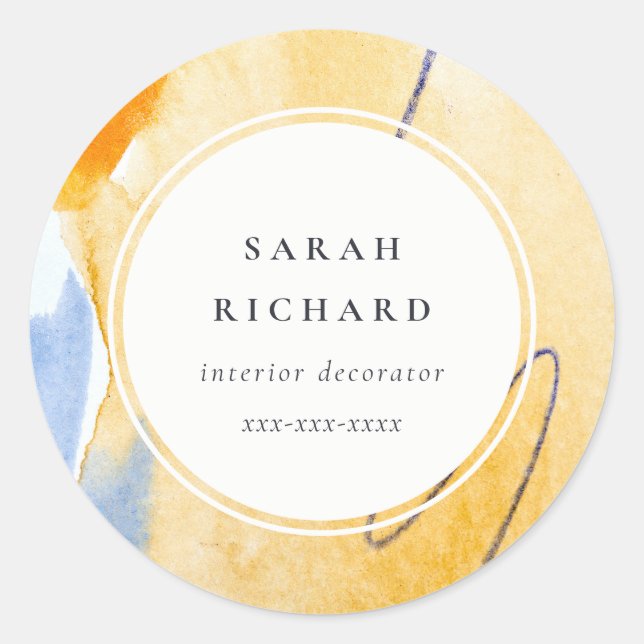 Sticker Rond Logo d'art Abstrait Artistic Jaune Bleu Aquarelle (Devant)