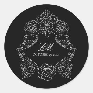 Sticker Rond Logo de l'ornement de crête de monogramme noir et 