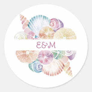 Sticker Rond Logo de mariage Monogram Marine Aquarelle Coquilla