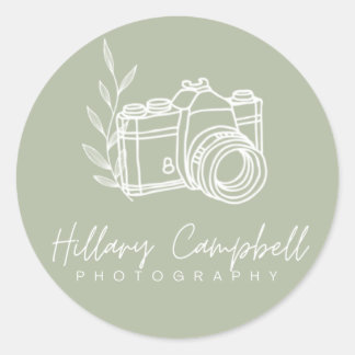 Sticker Rond Logo de photographie simple vert sauge promotionne