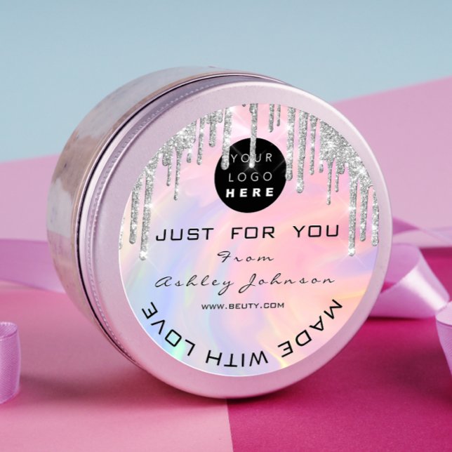 Sticker Rond Logo De Remerciements De parties scintillant Fabri (Glitter Thank Logo Made With Love Silver Holograph Classic Round Sticker)