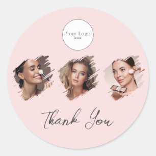 Sticker Rond Logo de script rose poudré Photo Maquillage Merci