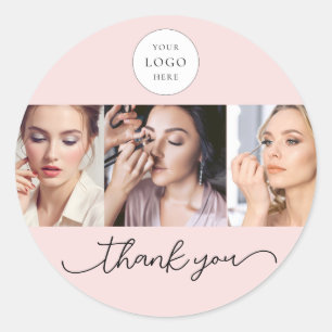 Sticker Rond Logo de script rose poudré Photo Maquillage Merci