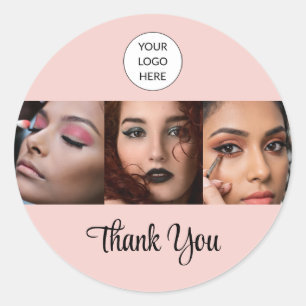 Sticker Rond Logo de script rose poudré Photo Maquillage Merci