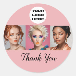 Sticker Rond Logo de script rose poudré Photo Maquillage Merci
