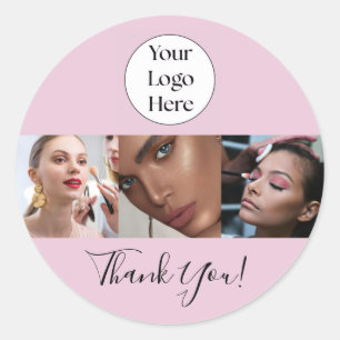 Sticker Rond Logo de script rose poudré Photo Maquillage Merci
