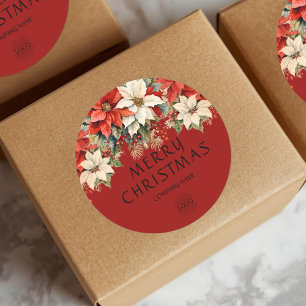 Sticker Rond Logo d'entreprise Joyeux Noël aux Poinsettias 