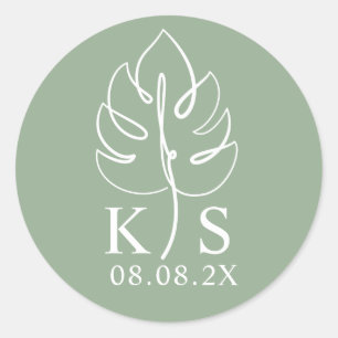 Sticker Rond Logo du Mariage Monogramme Monstera Personnalisé
