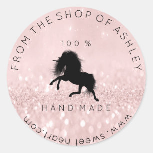 Sticker Rond Logo fait main du noir nommé de licorne de rose d