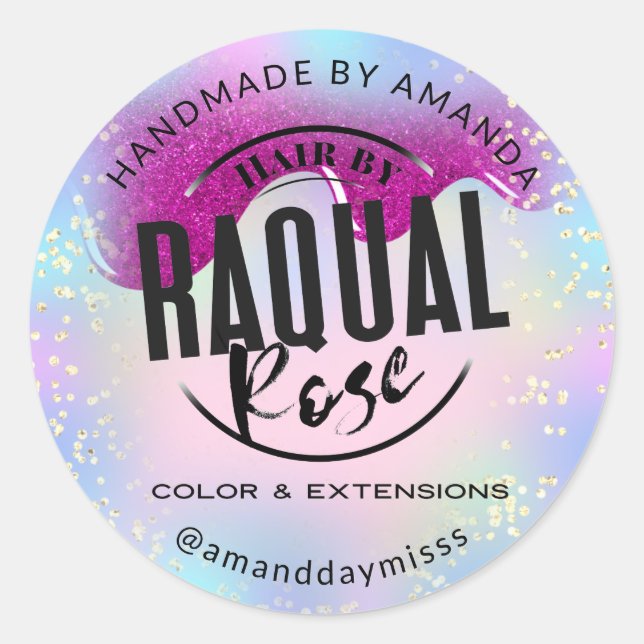 Sticker Rond Logo personnalisé Nom rose holographique pour peti (Devant)