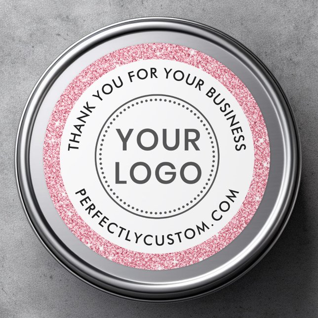 Sticker Rond Logo personnalisé parties scintillant rose commerc (Round business thank you sticker with your custom logo and faux pink glitter border)