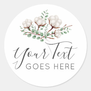 Sticker Rond Logo Rustic Southern Cotton Flowers Green Foliage