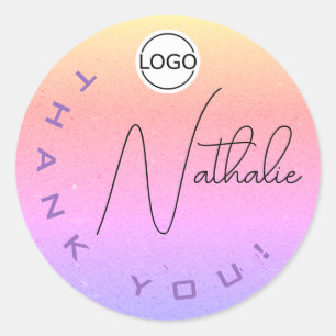 Sticker Rond Logo unique signature rose arc-en-ciel Ombre Merci