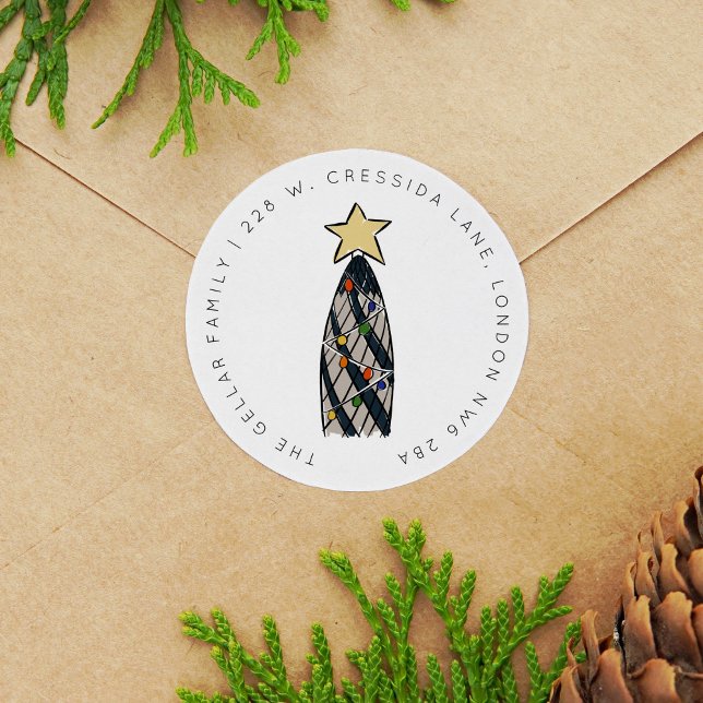 Sticker Rond London Gherkin Tower Christmas Tree Adresse de ret (London Gherkin Tower Retro Christmas Tree Return Address Classic Round Sticker)