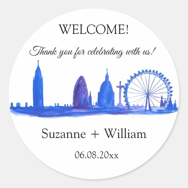 Sticker Rond Londres Angleterre skyline Blue Favors Mariages (Devant)