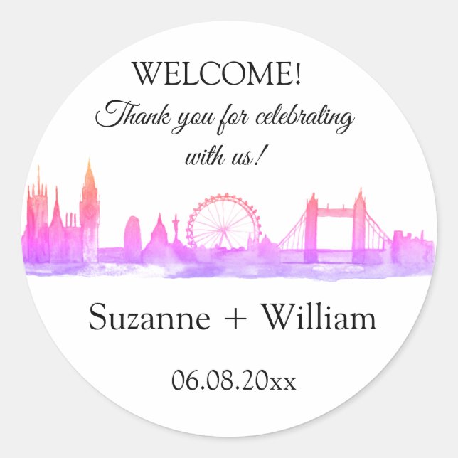 Sticker Rond Londres Angleterre skyline Pink Favors Mariage (Devant)