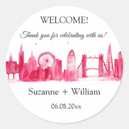 Sticker Rond Londres Angleterre skyline Pink Favors Mariage