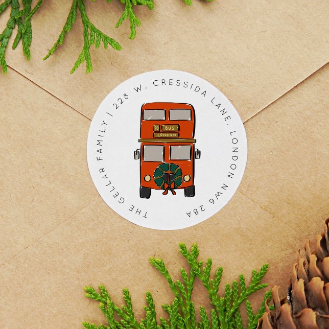 Sticker Rond Londres Double Decker Bus Noël Adresse de retour (London Double Decker Bus Christmas Return Address Classic Round Sticker)