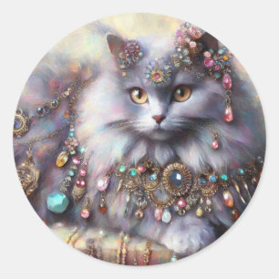 Sticker Rond Longue Cheveux Gris Nebelung Chat Kitty Bijoux Bij
