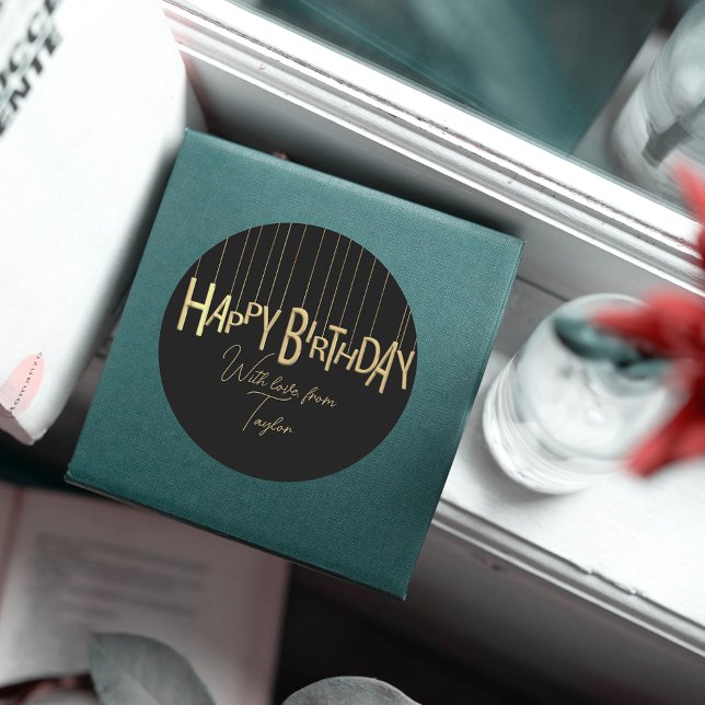 Sticker Rond L'or Hanging Lettering sur le noir Joyeux annivers (Créateur téléchargé)