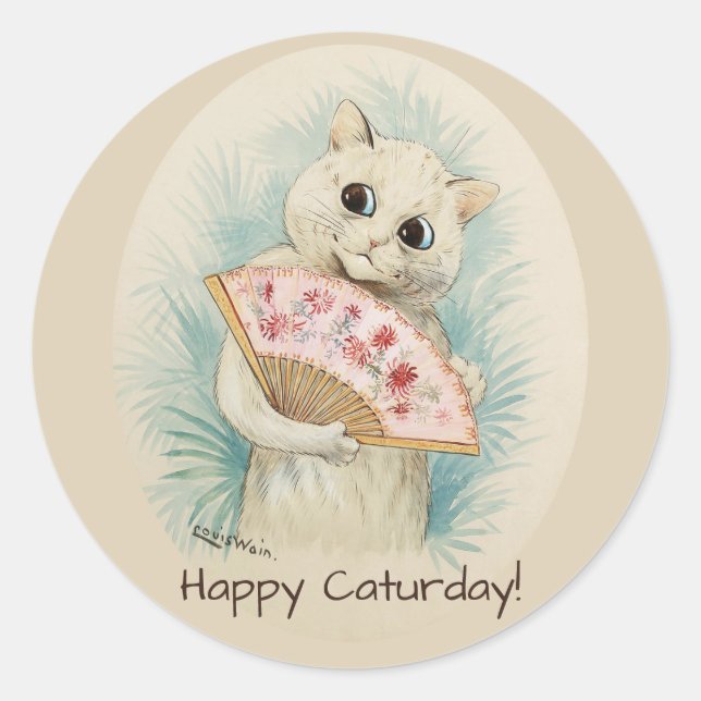 Sticker Rond Louis Wain Chat blanc avec ventilateur CC0388 (Devant)