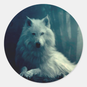 Sticker Rond Loup blanc dans la forêt nocturne