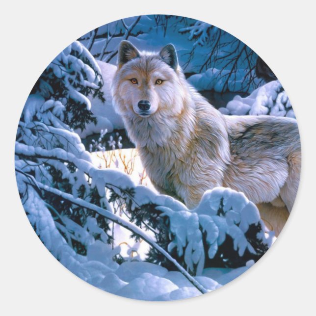 Sticker Rond Loup dans la peinture de la forêt d'hiver (Devant)