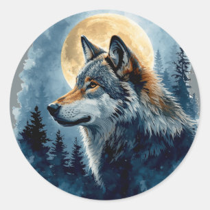 Sticker Rond Loup de Lune Mystique, Art à l'aquarelle Forêt C