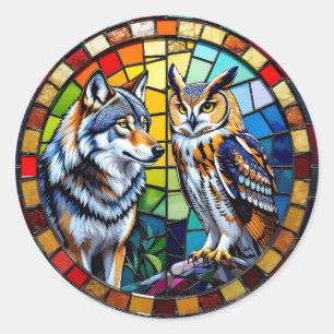 Sticker Rond Loup et Hibou Mosaïque Vibrant Art