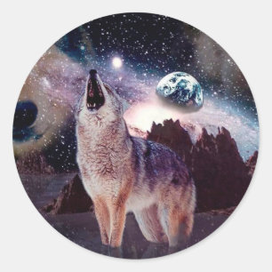 Sticker Rond Loup hurlant dans l'univers