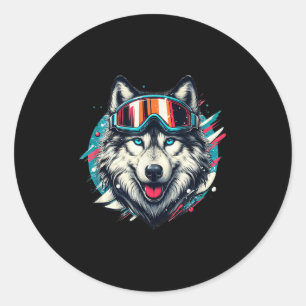 Sticker Rond Loup portant des lunettes de ski snowboard Amoureu