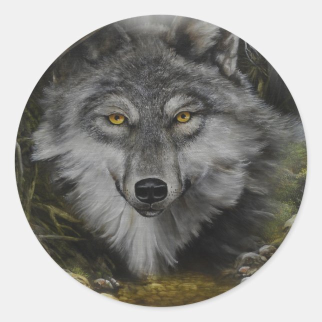 Sticker Rond Loup se mélangeant à la peinture fluviale (Devant)