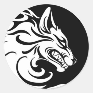 Sticker Rond Loup tribal blanc et noir agressif