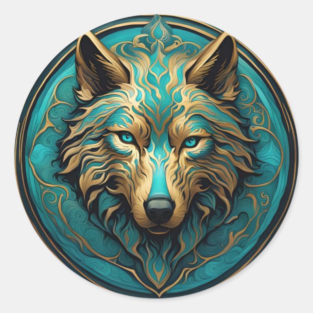 Sticker Rond Loup Turquoise et Or (Devant)