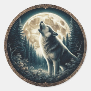 Sticker Rond Loup vintage et lune classique